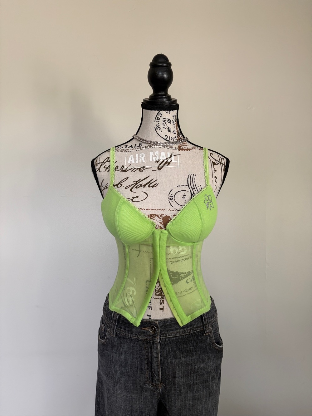 Y2K Lasenza Lime Green Cyber Coquette Baddie Corset Bustier Mesh Bra Top - Picture 2 of 16